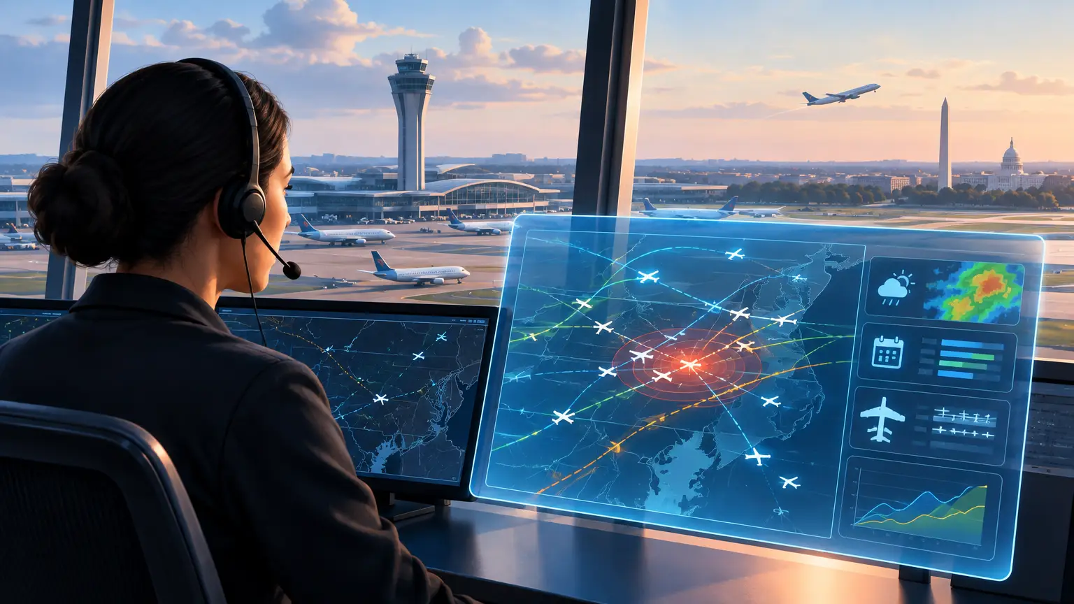 Editorial illustration for FAA Rolls Out AI Traffic Control Tool at DC Area Airports