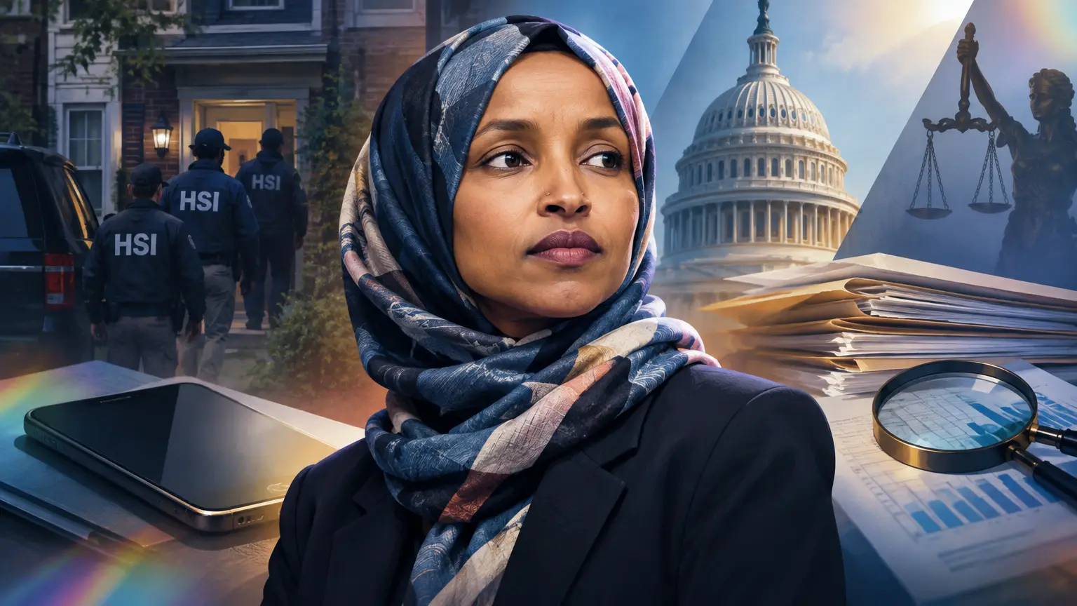 Editorial illustration for Federal Investigations Target Representative Ilhan Omar Over Immigration and Financial Matters