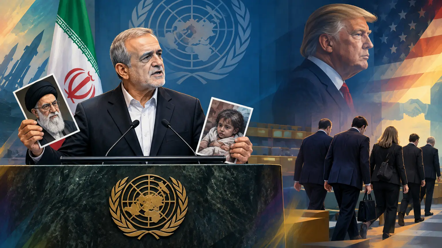 Editorial illustration for Iranian President Declares Defiance Against Trump at UN Assembly