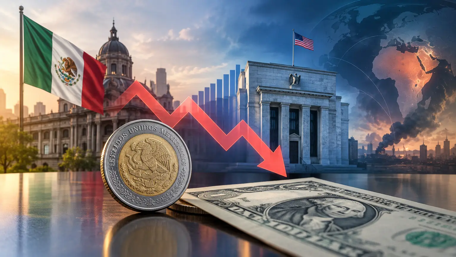 Editorial illustration for Mexican Peso Falls to 18 Pesos per U.S. Dollar Amid Global and Domestic Pressures