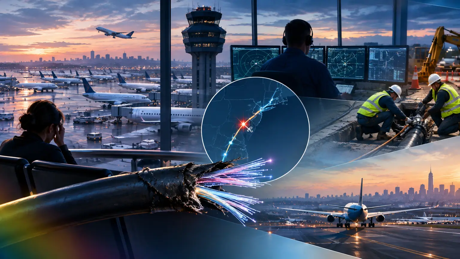 Editorial illustration for Over 600 Flights Canceled After FAA Communications Failure and Severed Fiber Cable