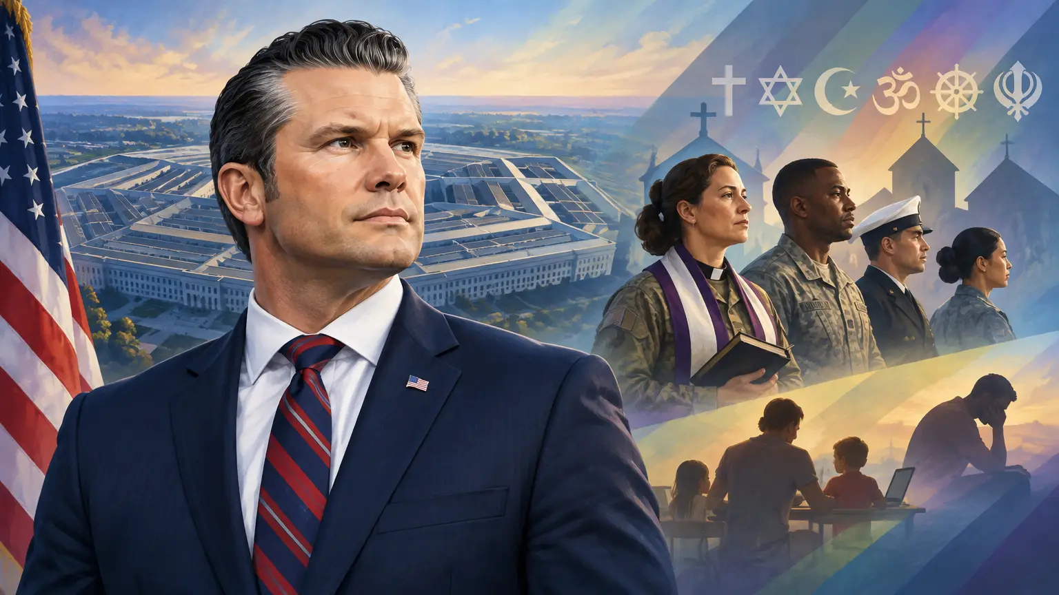 Editorial illustration for Pete Hegseth Creates Pentagon Office of Religious Affairs Reporting Directly to Him