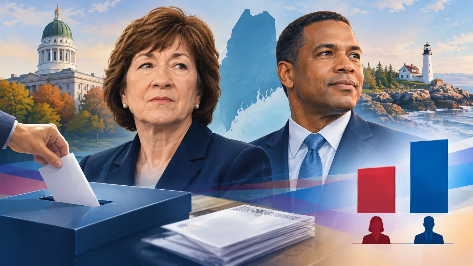 Editorial illustration for Susan Collins Trailing in Early Voting in Maine Senate Race