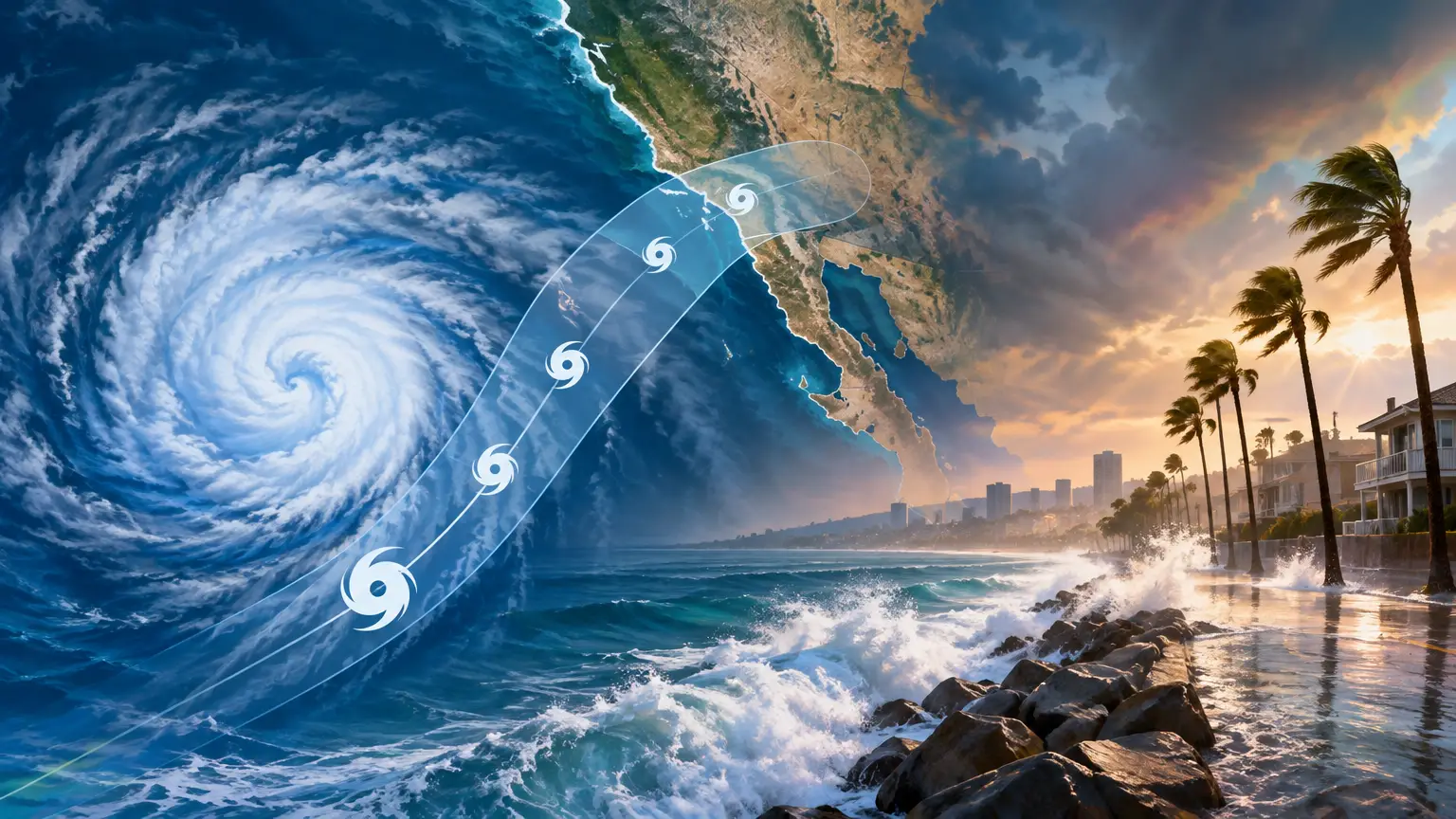 Editorial illustration for Tropical Storm Rachel Approaches California Coast with Flooding Risks