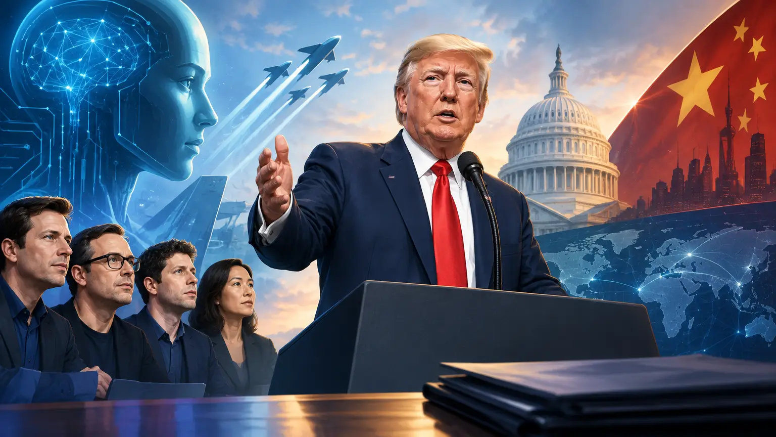 Editorial illustration for Trump Announces an “AI Force” as Debate Grows Over Innovation