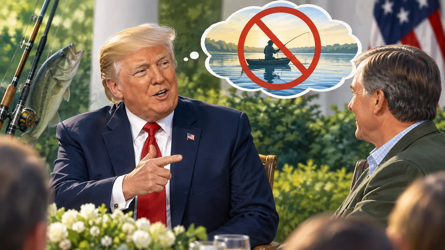 Editorial illustration for Trump Jokes About Banning Fishing to Illustrate Presidential Power Without Serious Proposal
