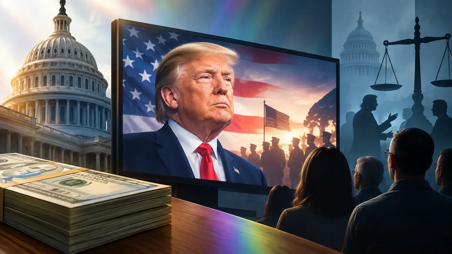Editorial illustration for Use of Taxpayer Funds for Trump Campaign-Style Advertisements